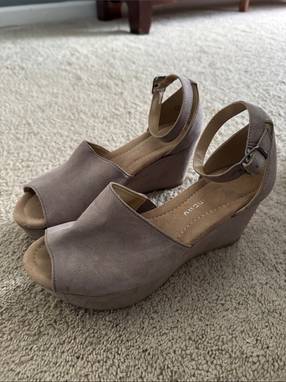 Taupe Suede Open-Toe Wedge Sandals with Ankle Strap